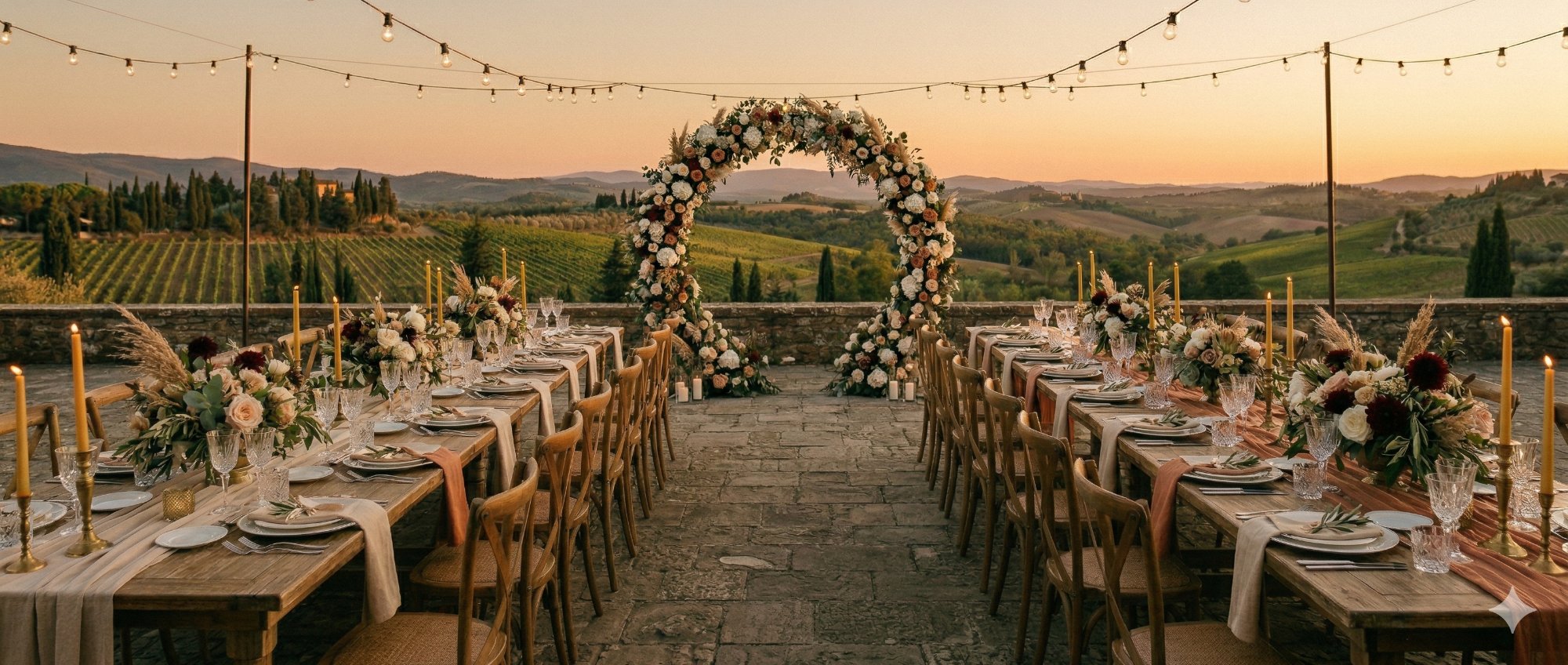 Luxury vineyard estate terrace set for an evening reception at golden hour